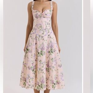 House of CB Rosalee Floral Milkmaid Midi Corset Dress Peach Bridal Shower XS